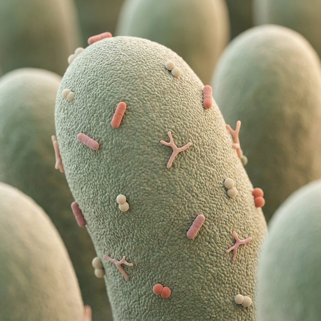 Stylised micrograph-style illustration of an intestinal villus with small bacteria on its surface, in soft sage and pink