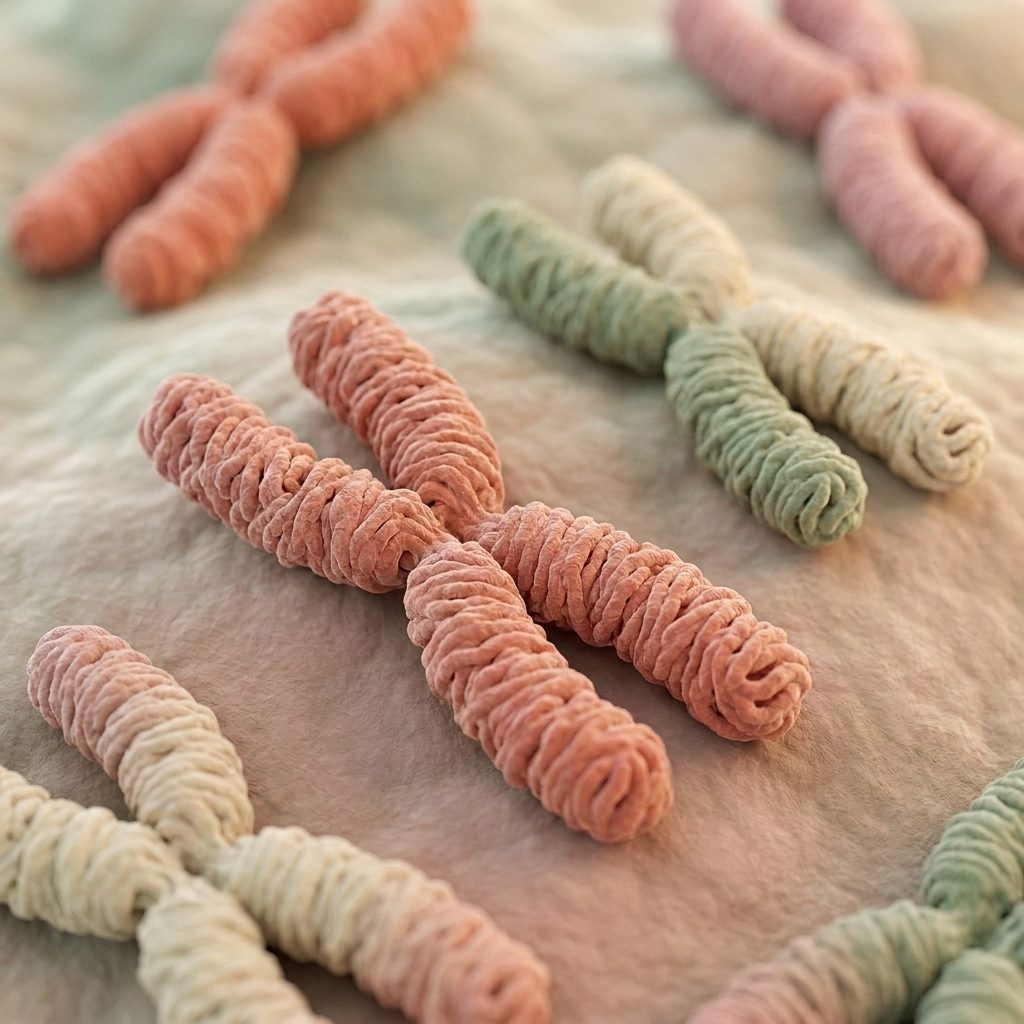 Stylised micrograph-style illustration of X-shaped chromosomes lying on a soft surface, in pink, sage and cream