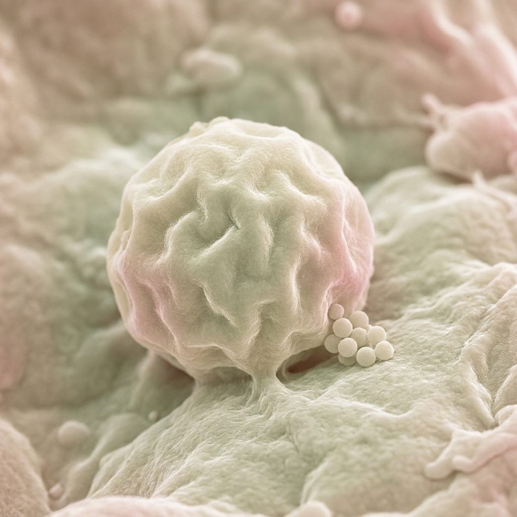 Stylised micrograph-style illustration of a resting immune cell with a few granules beside it, in cream, sage and blush