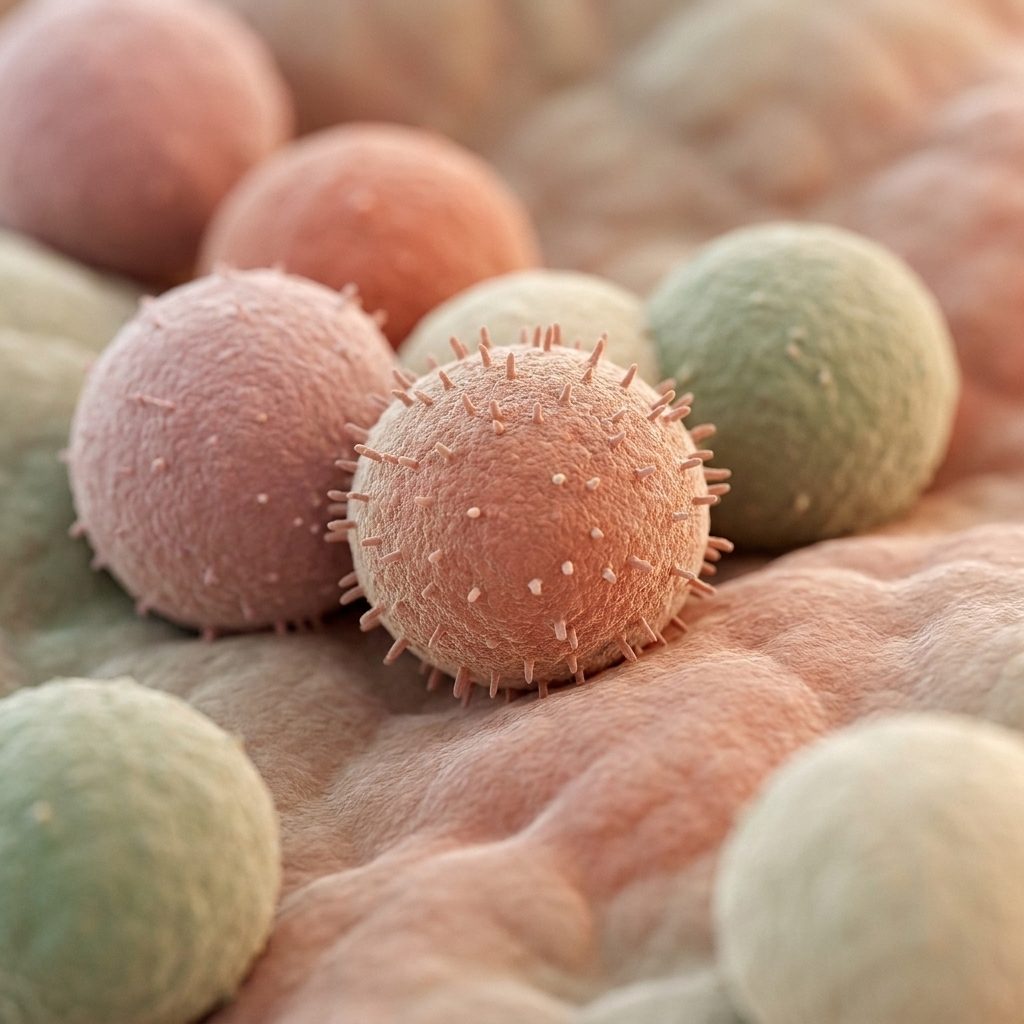 Stylised micrograph-style illustration of rounded cells with fine surface projections, in soft pink, sage and cream