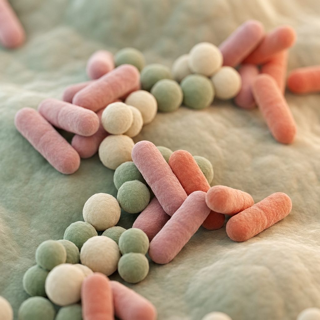 Stylised micrograph-style illustration of rod and round gut bacteria clustered on a surface, in soft pink, coral and sage