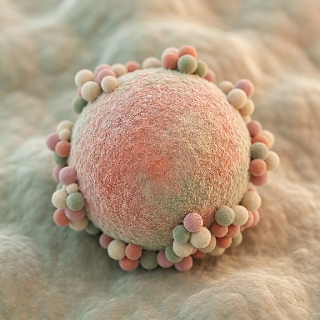 Stylised micrograph-style illustration of an egg cell surrounded by smaller cells, in soft pink, sage and cream