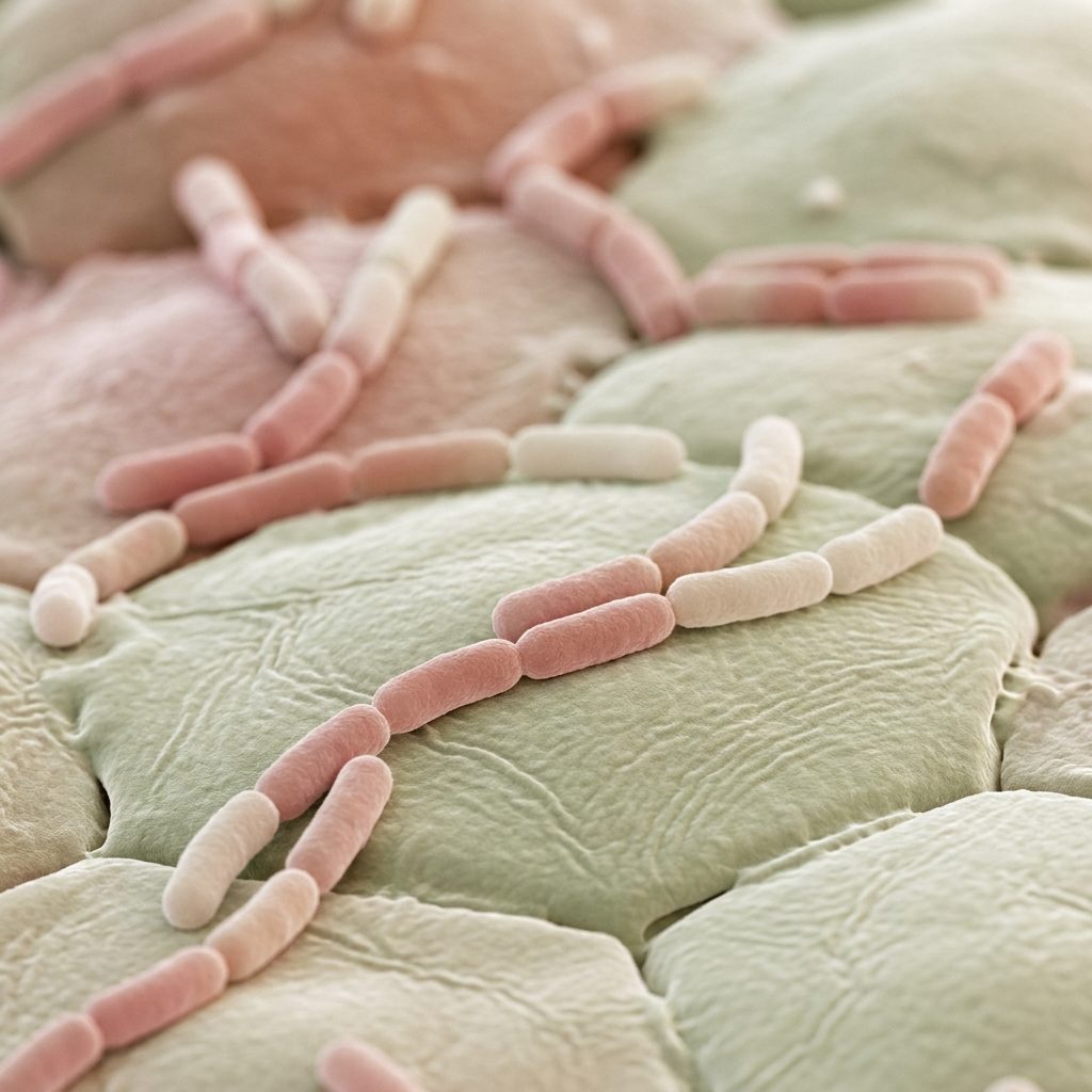 Stylised micrograph-style illustration of lactobacilli in chains across flat epithelial cells, in pink, cream and sage